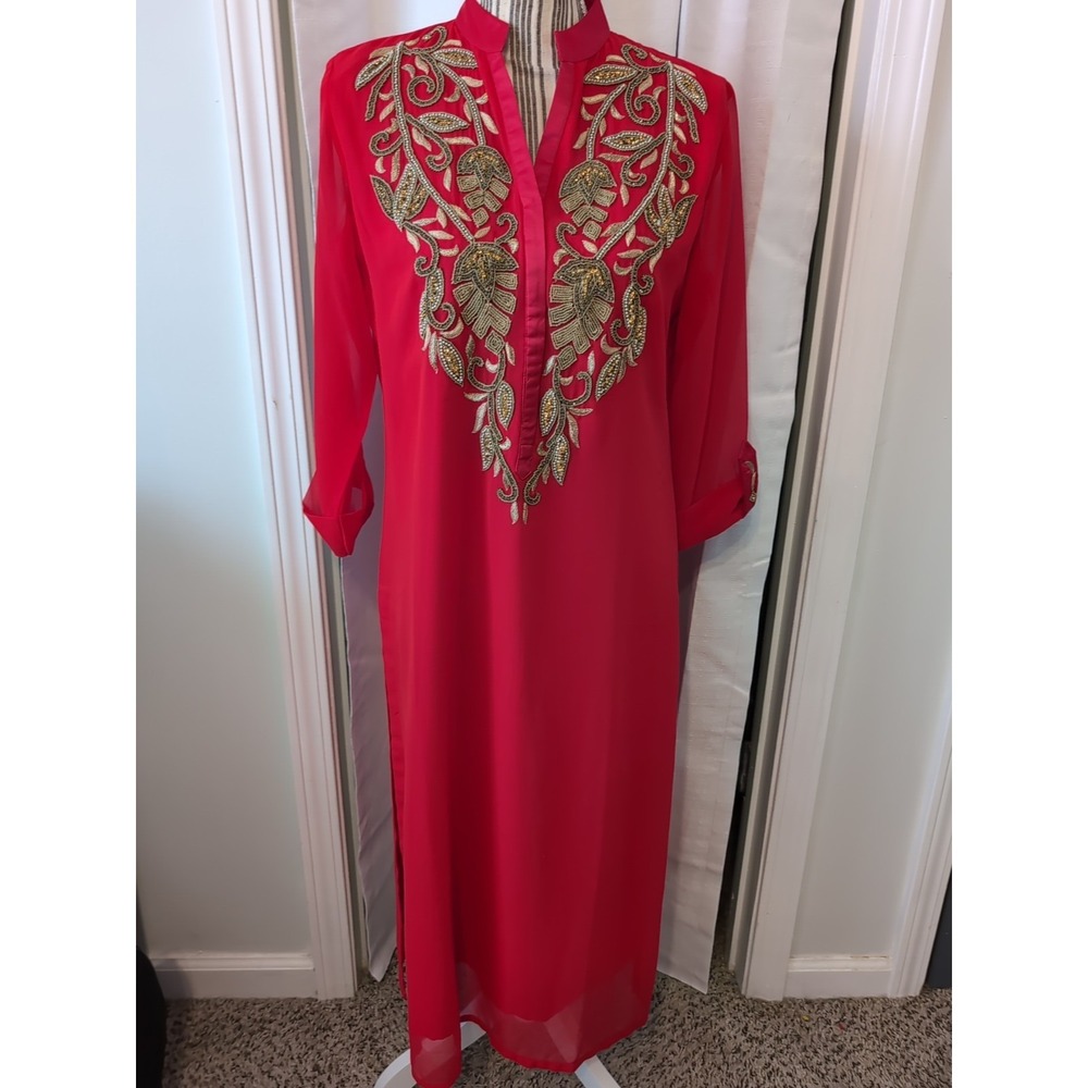 Red Kashmiri Phiran Kurta With Needle Beading Embroidery Size‎ XL